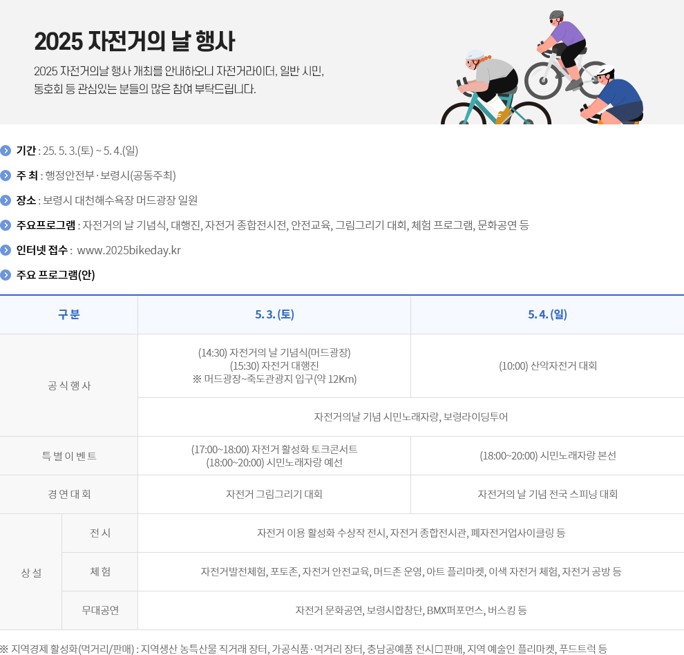 2025 자전거의날 행사 개최를 안내하오니 자전거라이더, 일반시민, 동호회 등 관심있는 분들의 많은 참여 부탁드립니다.